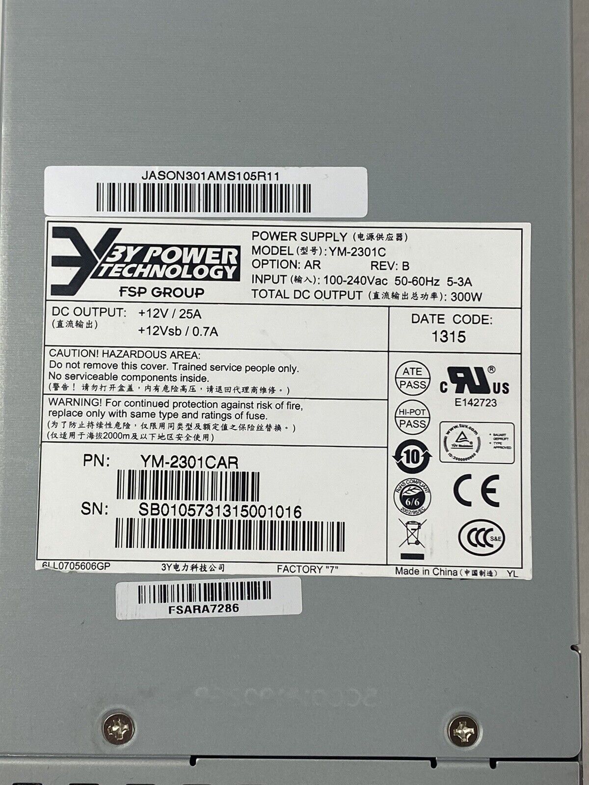 3Y Power Technology YM-2301C 300W Rev B Redundant Power Supply