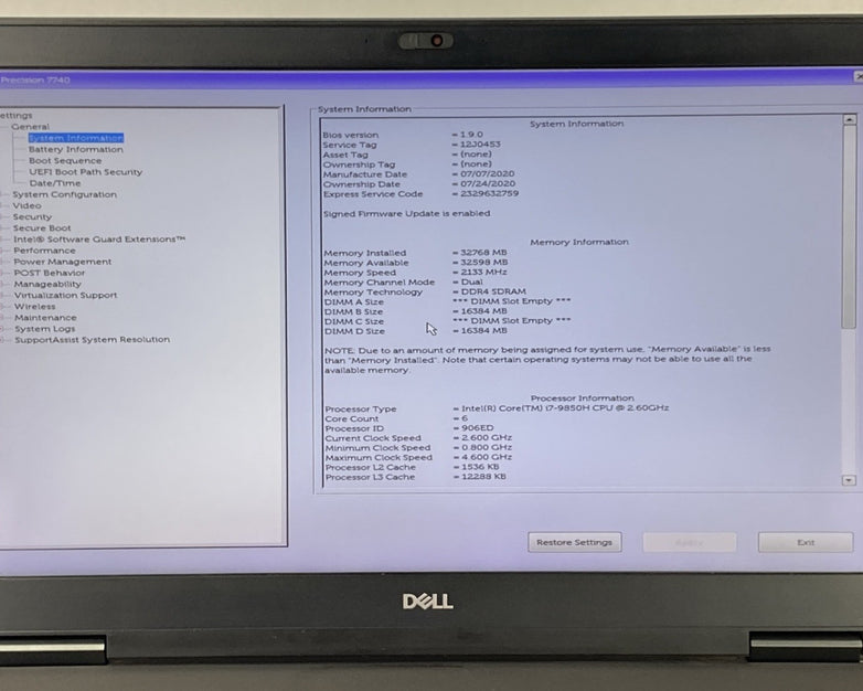 Dell Precision 7740 Intel Core i7-9850H 2.60 GHz 32 GB RAM 17.3" No HDD No OS