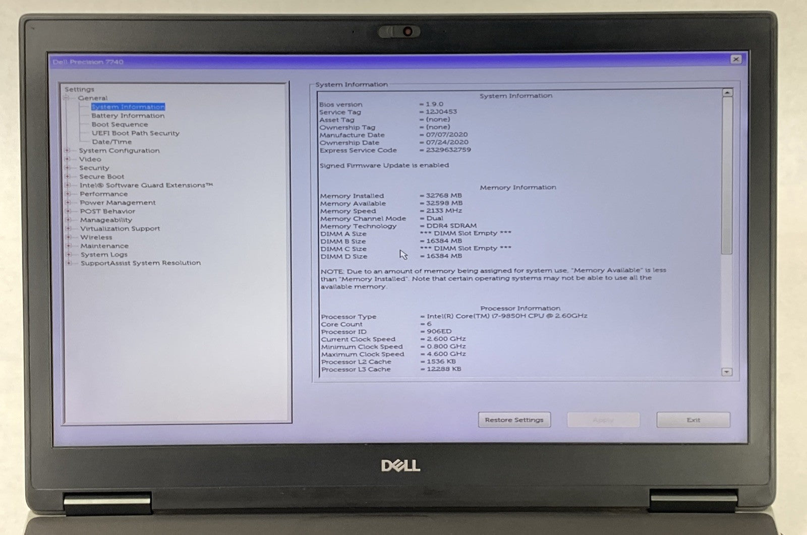 Dell Precision 7740 Intel Core i7-9850H 2.60 GHz 32 GB RAM 17.3" No HDD No OS