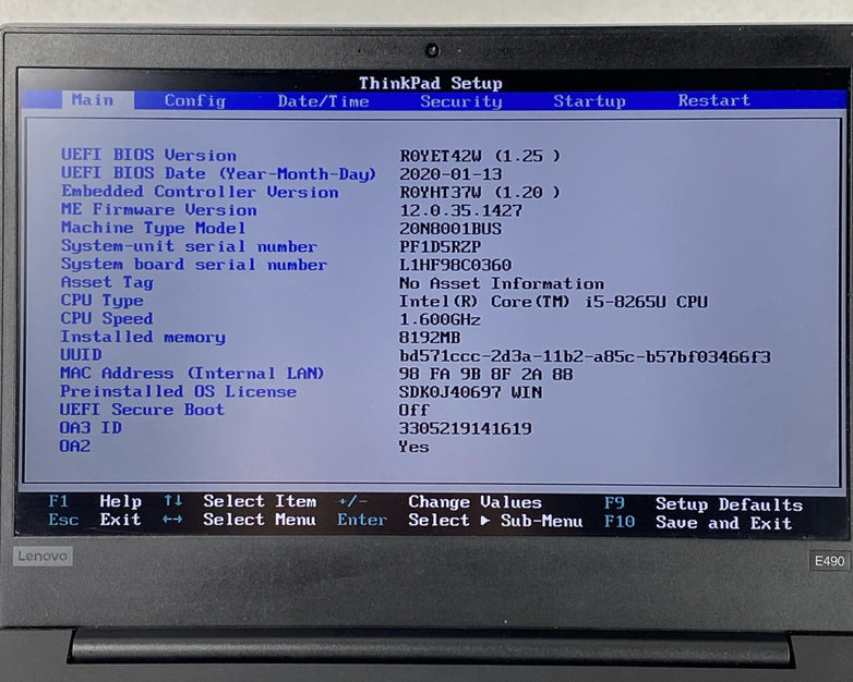 Lenovo ThinkPad E490 Core i5-8265U 1.6GHz 8GB RAM 14" No HDD No OS