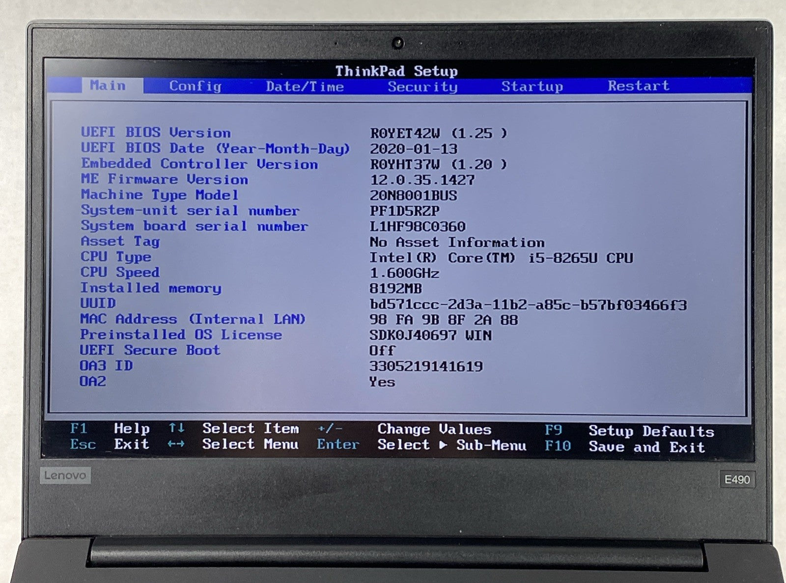 Lenovo ThinkPad E490 Core i5-8265U 1.6GHz 8GB RAM 14" No HDD No OS