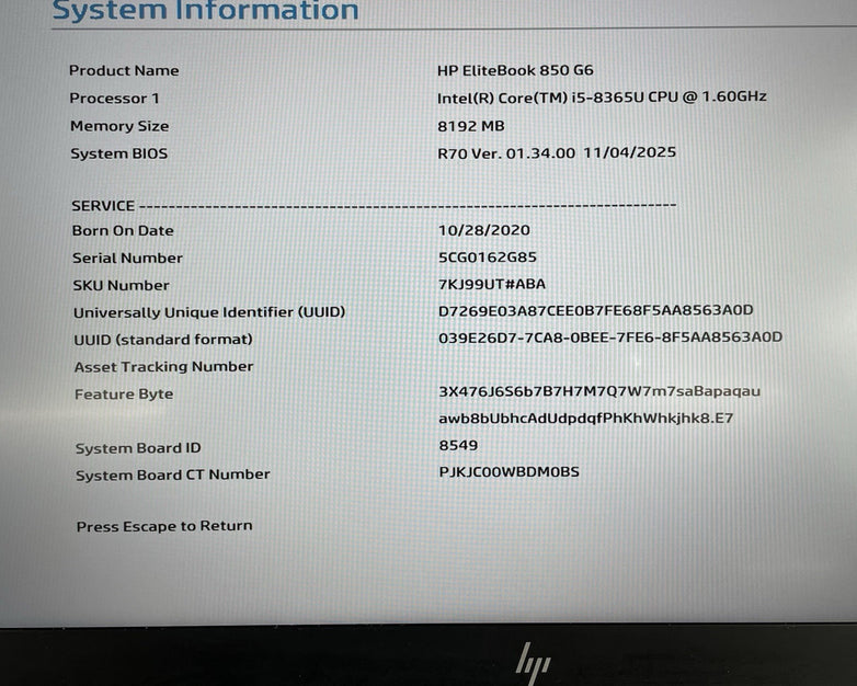 HP EliteBook 850 G6 15.6" i5-8365U 1.60 GHz 8 GB RAM No SSD/OS/AC - Heat Spot