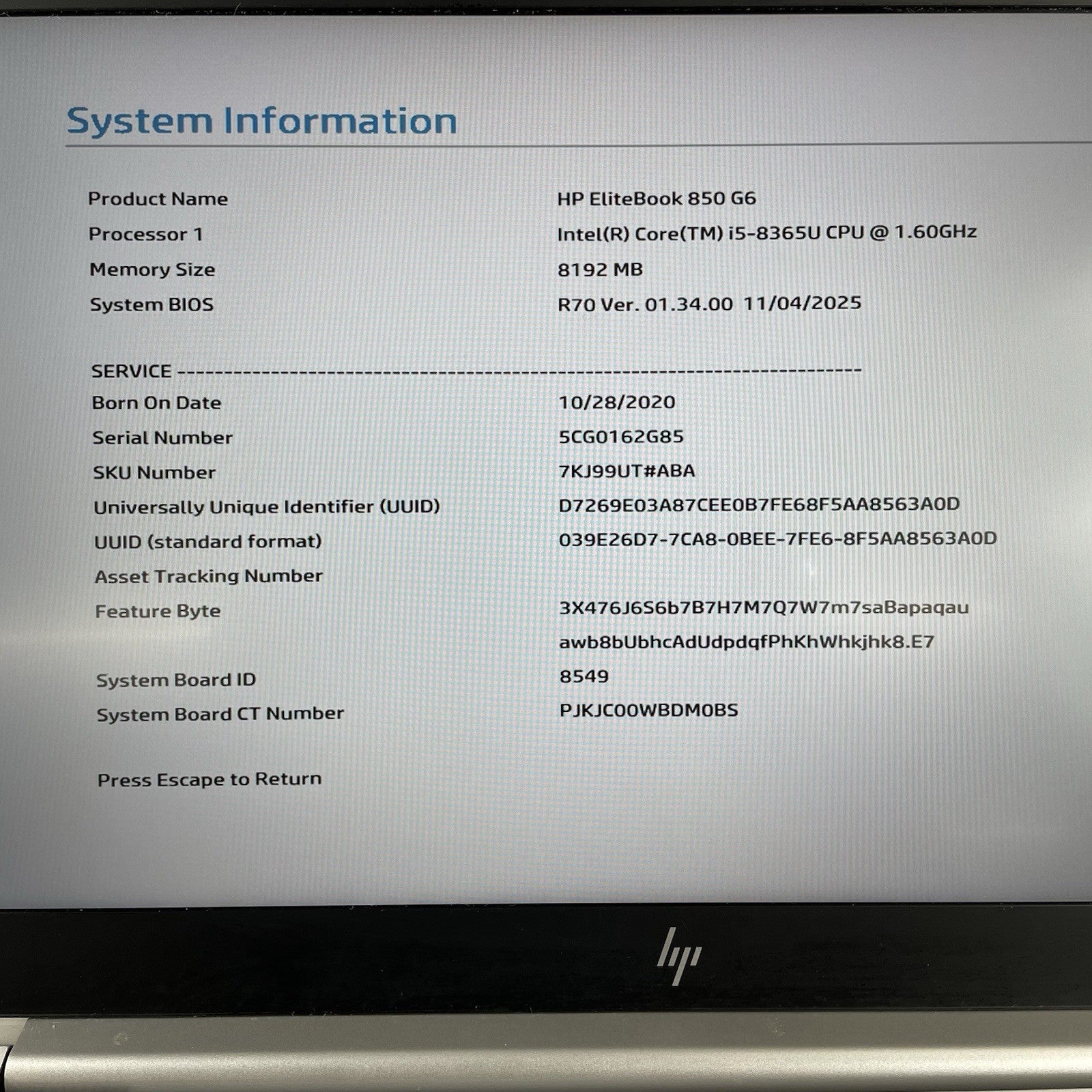 HP EliteBook 850 G6 15.6" i5-8365U 1.60 GHz 8 GB RAM No SSD/OS/AC - Heat Spot2