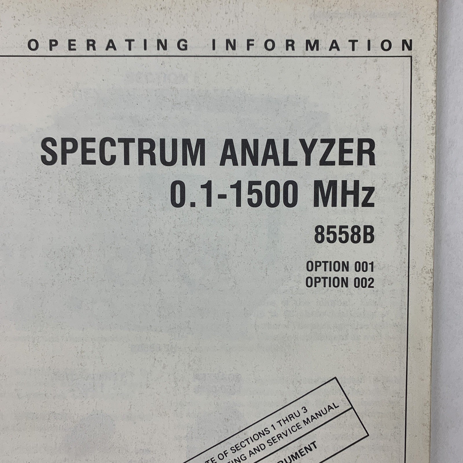 Hewlett Packard 8558B Spectrum Analyzer Operating Information 08558-90016