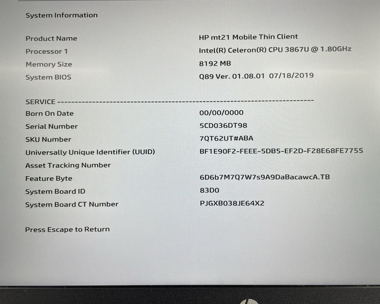 HP MT21 Thin Client 14" Celeron 3867U 1.80 GHz 8 GB RAM No SSD/OS/AC