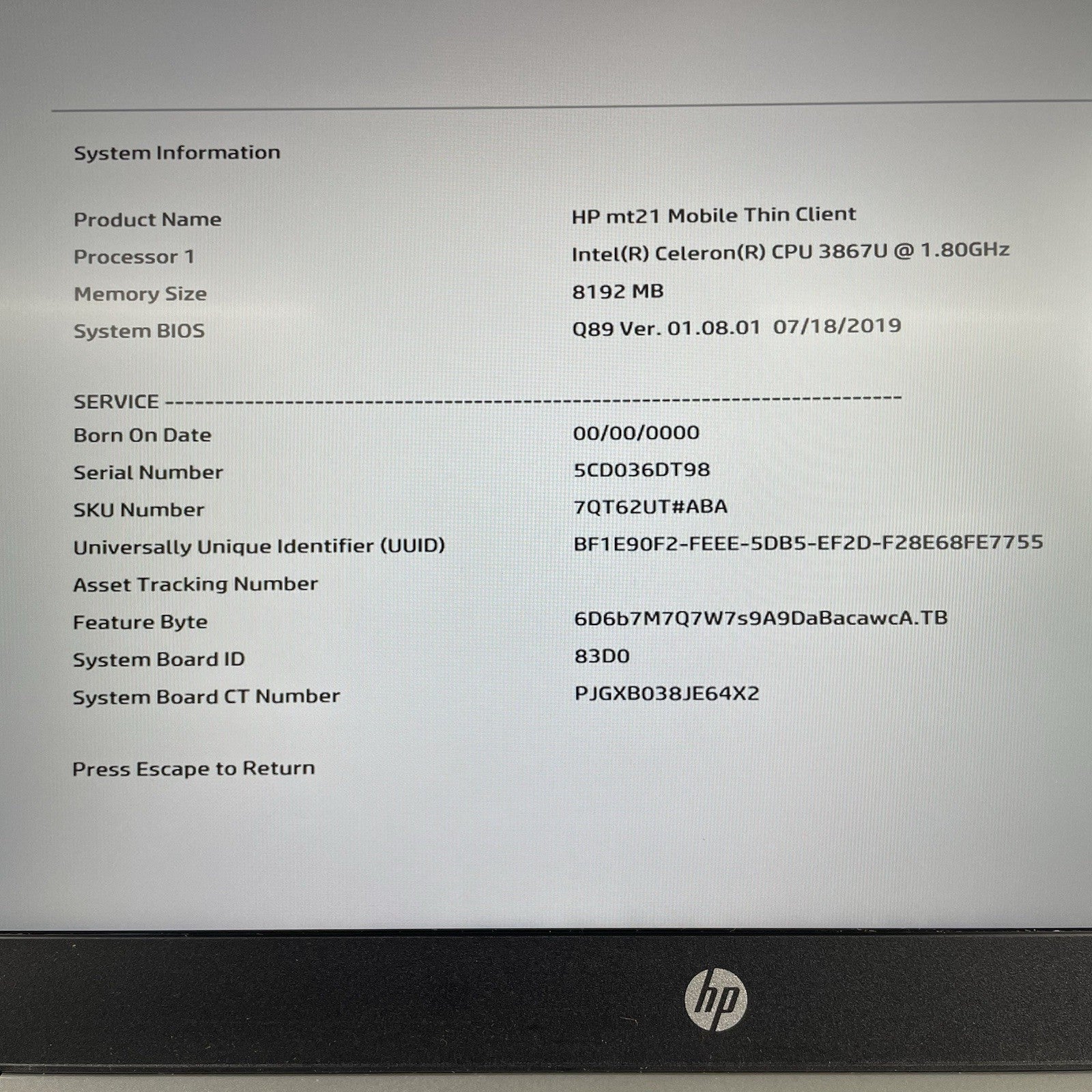 HP MT21 Thin Client 14" Celeron 3867U 1.80 GHz 8 GB RAM No SSD/OS/AC2