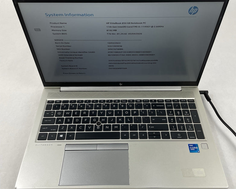 HP EliteBook 850 G8 15.6" i5-1145G7 2.60 GHz 8 GB RAM No SSD/OS/AC - Corner