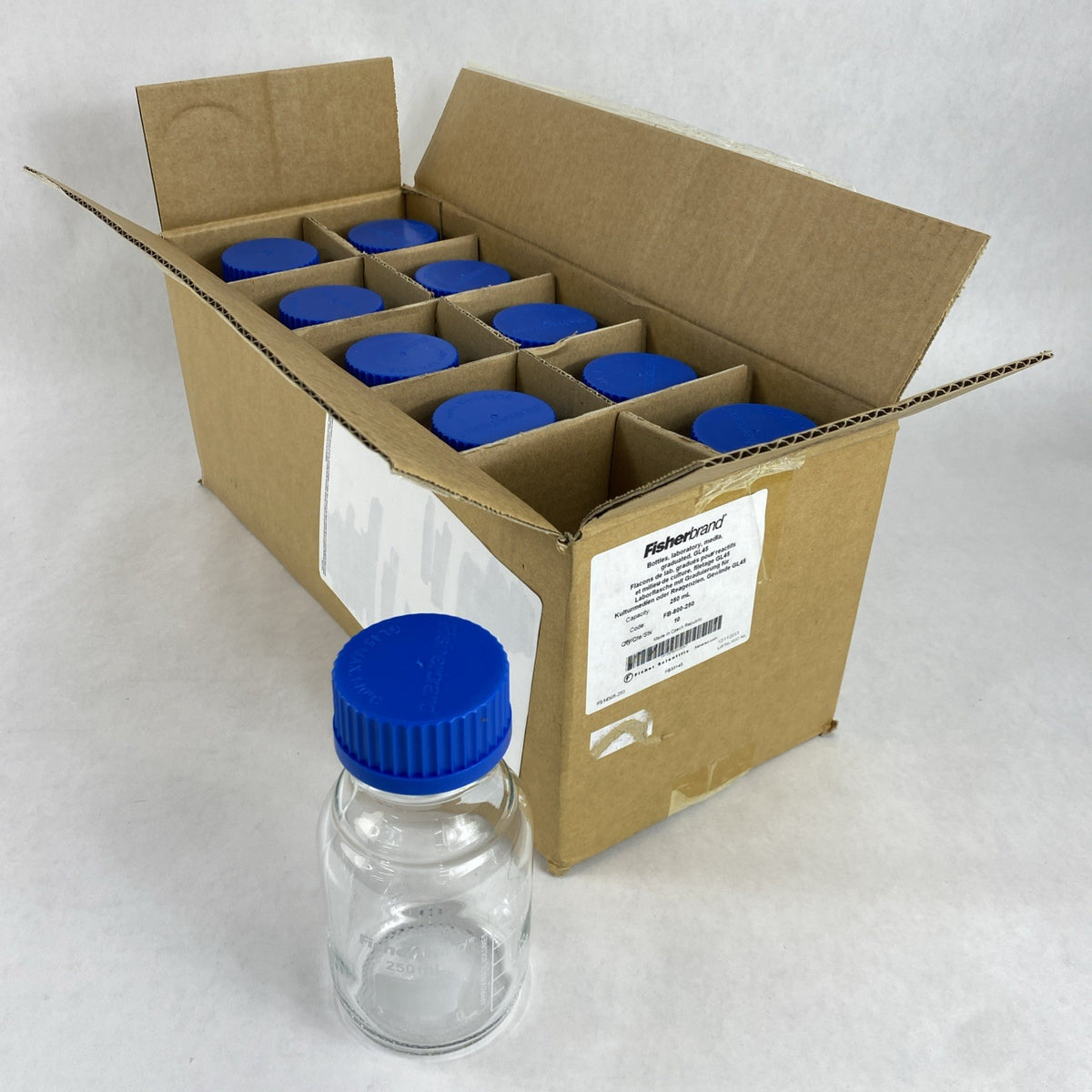 Fisherbrand FB-800-250 Lab Media Graduated Glass Bottles 250mL - 10 Bottles0