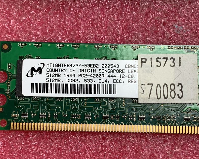 Micron (Lot of 2) 512 1Rx4 PC2-4200R-444-12-C0 Server Ram MT18HTF6472Y-53EB2