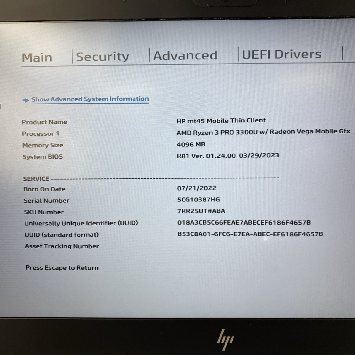 HP mt45 14" Ryzen 3 Pro 3300U 2.10 GHz 4GB RAM No SSD/OS/AC3