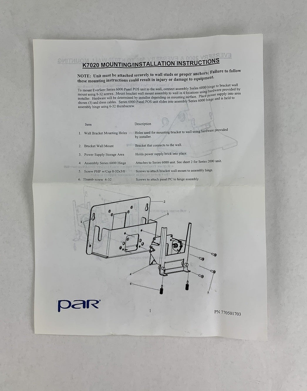 PAR EverServ 500/2000 Terminal K7020 Mounting Bracket