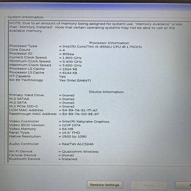 Dell Latitude 5590 15.6" i5-8350U 1.70 GHz 8 GB RAM No SSD/OS/AC