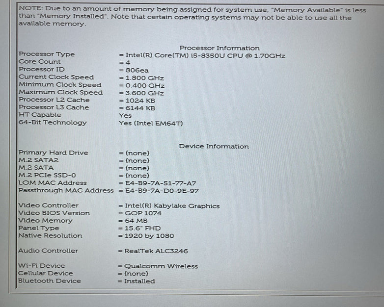 Dell Latitude 5590 15.6" i5-8350U 1.70 GHz 8 GB RAM No SSD/OS/AC