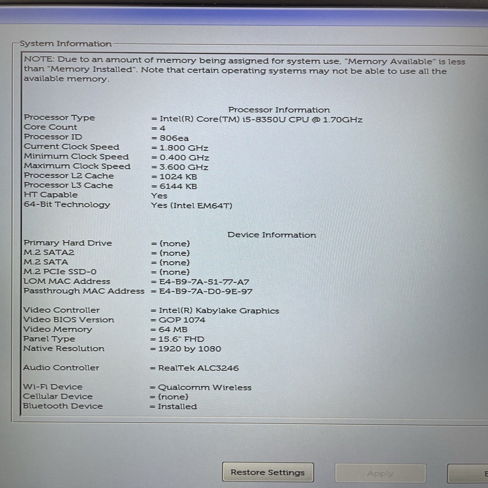 Dell Latitude 5590 15.6" i5-8350U 1.70 GHz 8 GB RAM No SSD/OS/AC1