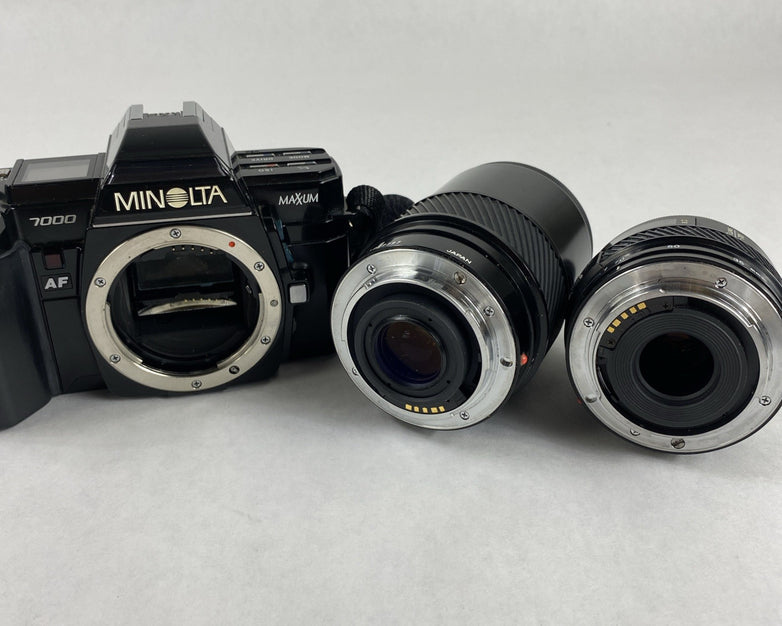 Minolta Maxxum 7000 AF SLR 35mm Film Camera With Extra Lens and Flash Attachment