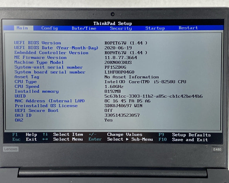 Lenovo ThinkPad E480 Intel Core i5-8250U 1.60 GHz 8GB RAM 14' No HDD No OS