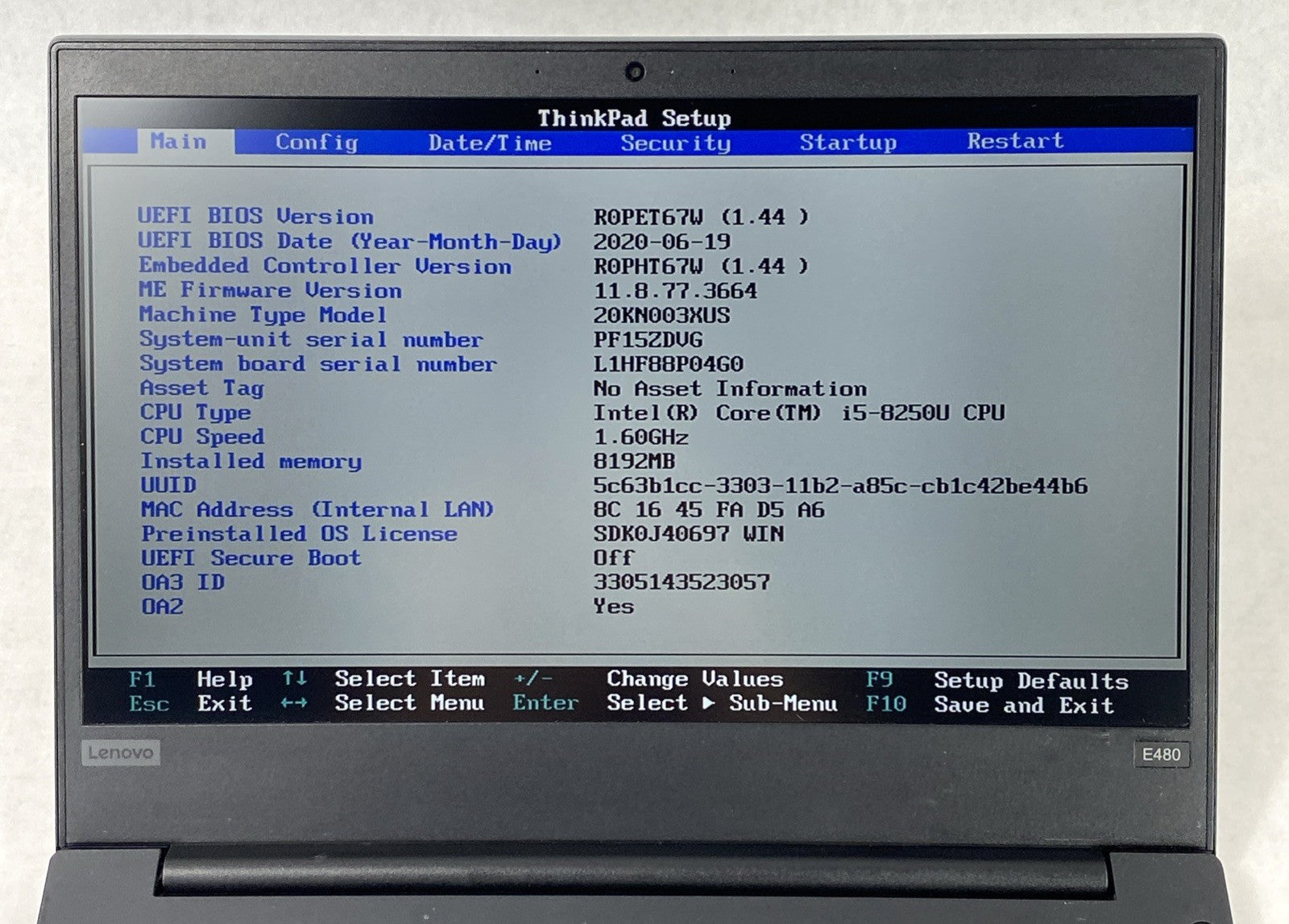 Lenovo ThinkPad E480 Intel Core i5-8250U 1.60 GHz 8GB RAM 14' No HDD No OS