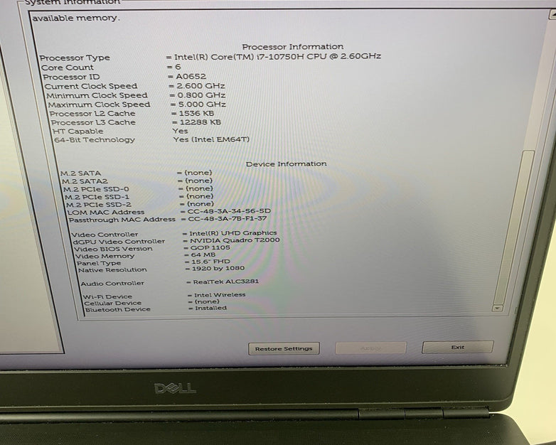 Dell Precision 7550 15.6'' Intel i7-10750H 2.6 GHz 32 GB Ram No OS No HDD