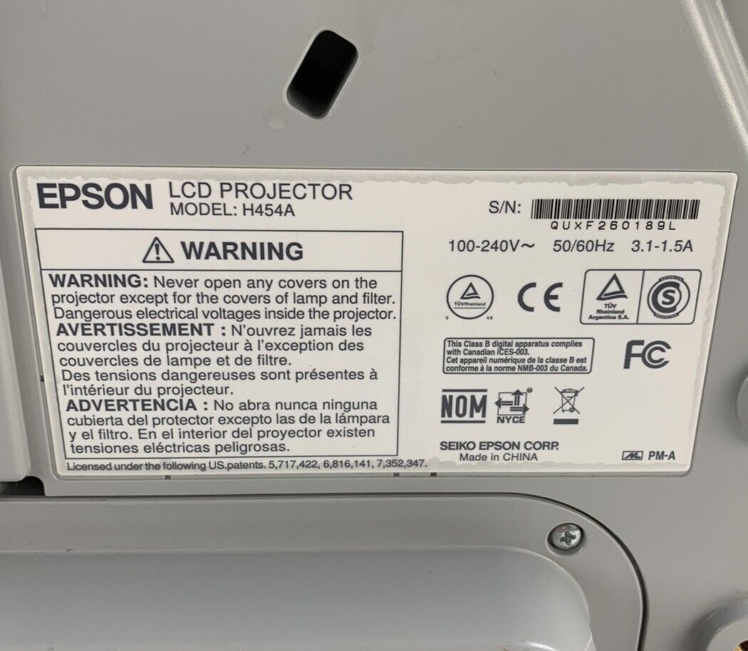 Epson H454A 485W Projector - Tested and Missing Port Cover