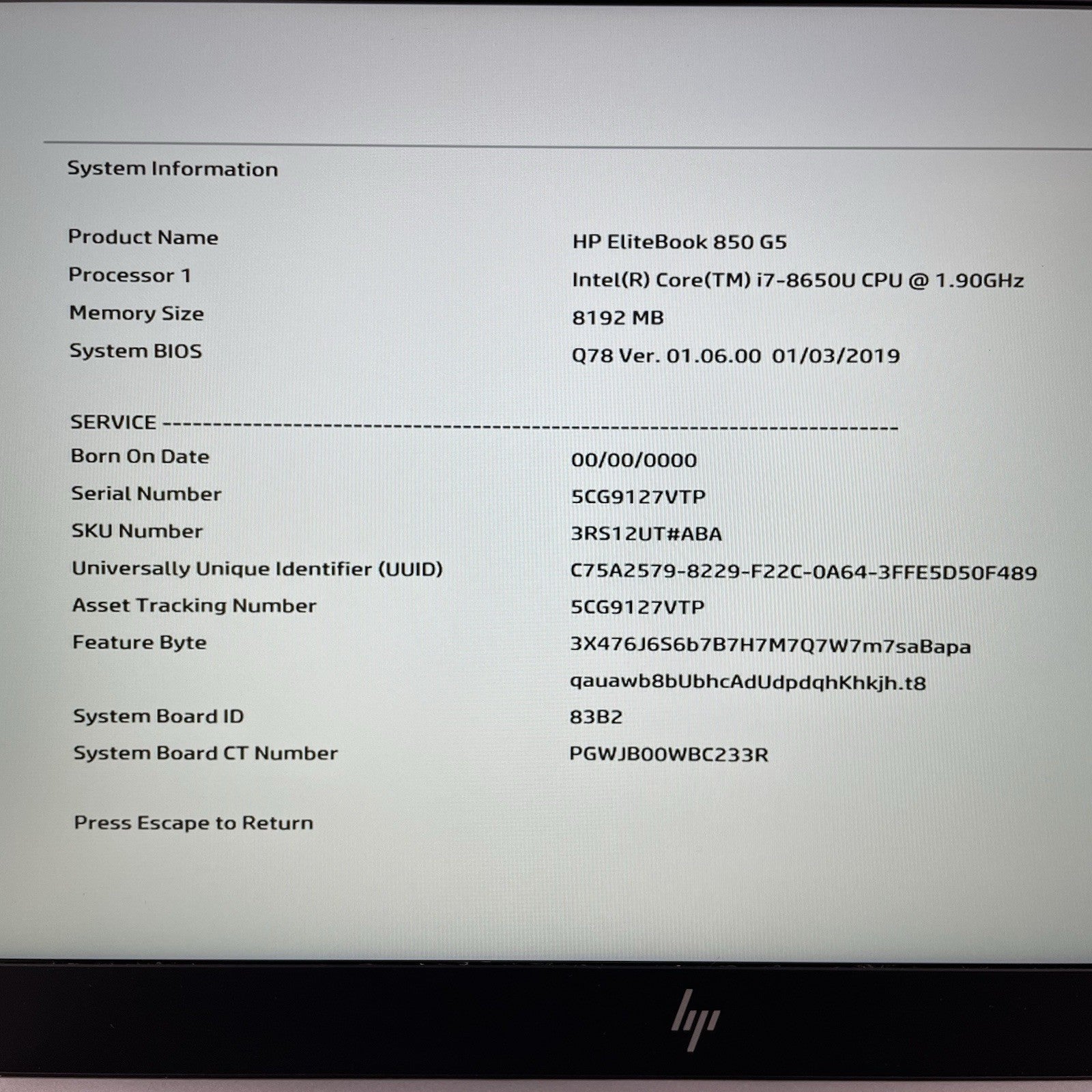 HP EliteBook 850 G5 15.6" i7-8650U 1.90 GHz 8 GB RAM No SSD/OS/AC/Battery2