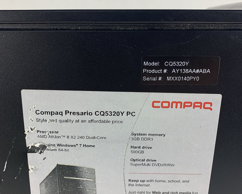 Compaq CQ5320y Desktop AMD Athlon II X2240 2.8 GHz 3 GB Ram No OS No HDD