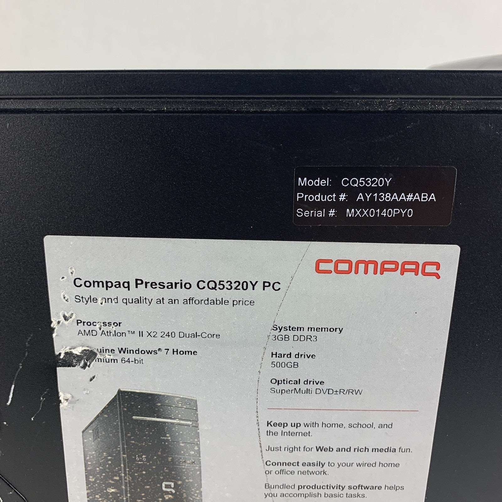Compaq CQ5320y Desktop AMD Athlon II X2240 2.8 GHz 3 GB Ram No OS No HDD
