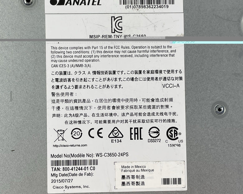 Cisco Catalyst WS-C3650-24PS-S V02 24-Port PoE+ 4x1G  1x PSU AC Tested & Reset