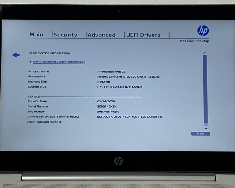 HP ProBook 440 G6 14" Touch Core i5-8265U 1.60 GHz 8 GB RAM No HDD No OS