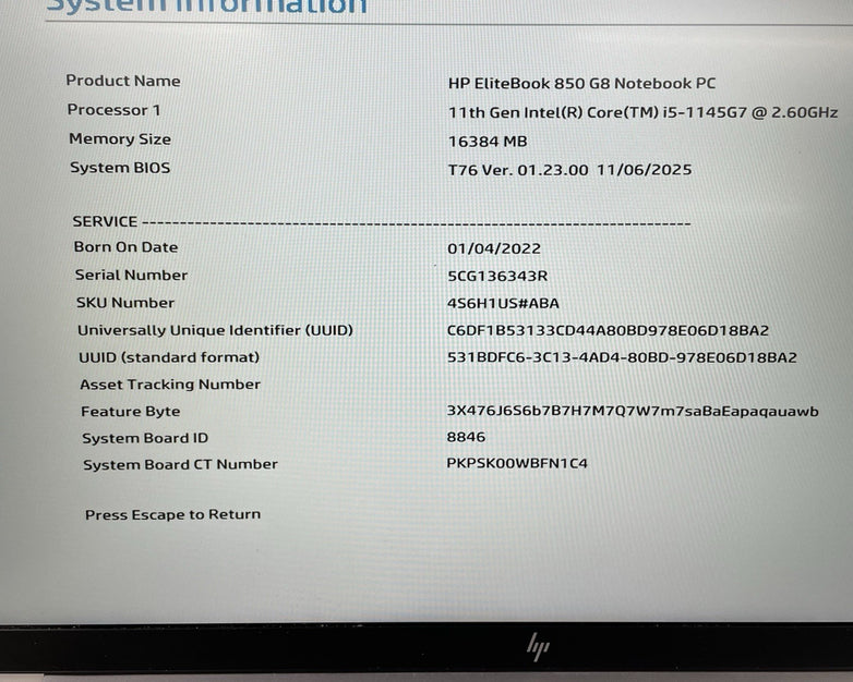 HP EliteBook 850 G6 15.6" i5-1145G7 2.60 GHz 16 GB RAM No SSD/OS/AC - Bad Corner