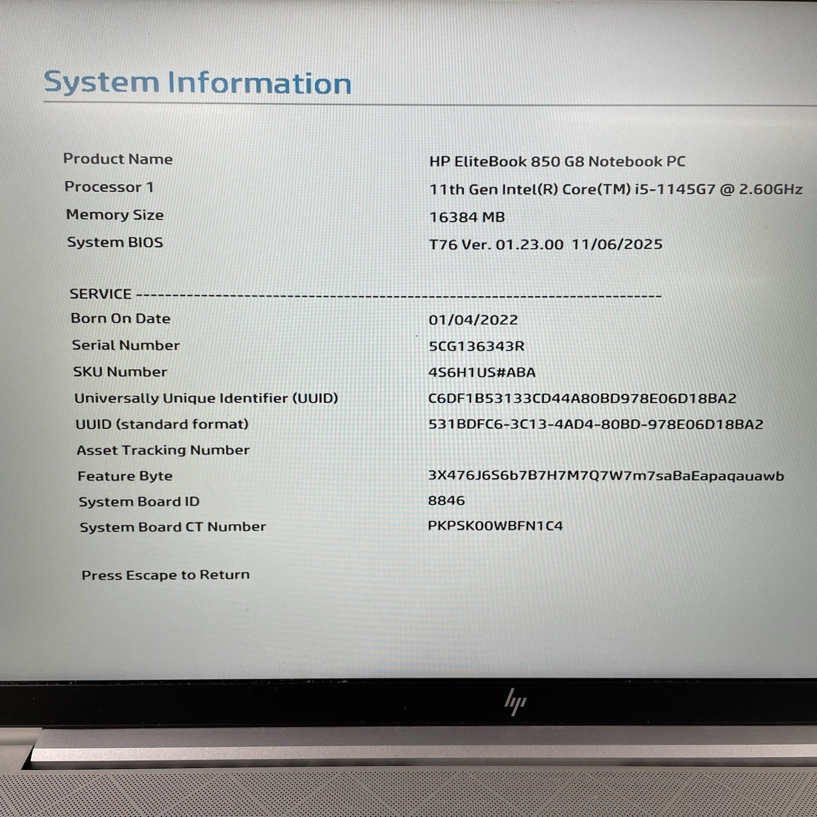 HP EliteBook 850 G6 15.6" i5-1145G7 2.60 GHz 16 GB RAM No SSD/OS/AC - Bad Corner2