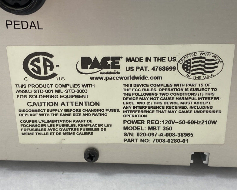 Pace MBT 350 Multi-Channel Soldering Station 120V 50-60Hz 210w Power Tested