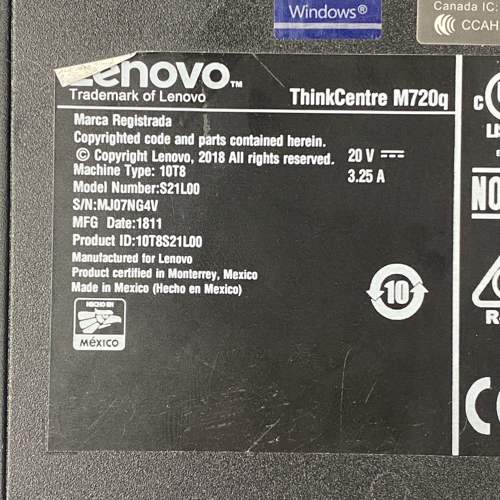 Lenovo ThinkCentre M720q Micro Intel Core i5-8500T 2.1GHz 8GB RAM No HDD OS AC