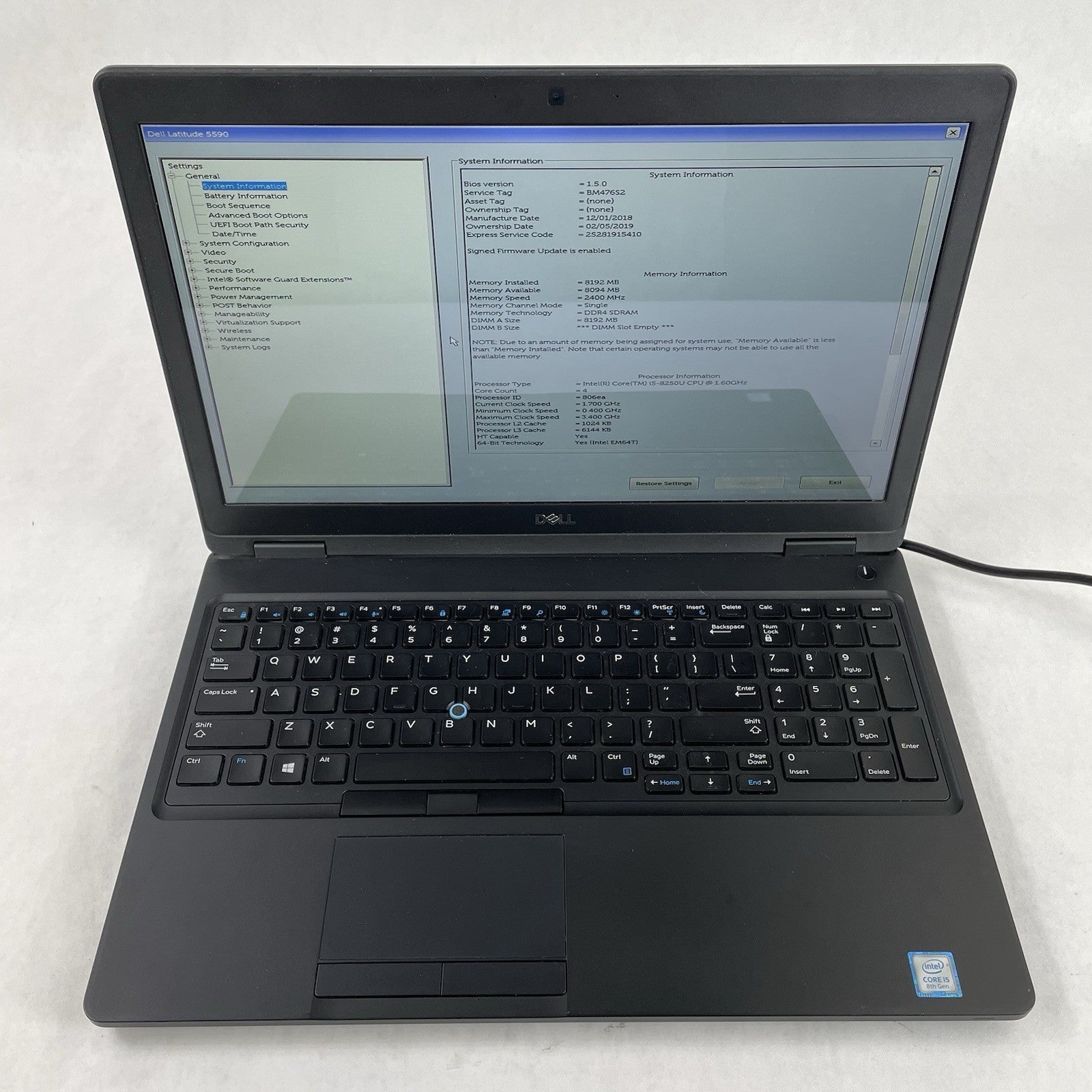 Dell Latitude 5590 15.6" i5-8250U 1.6 GHz 8GB RAM No SSD No OS - Bad Corner READ2
