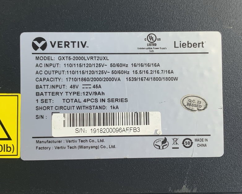 Liebert Vertiv GXT5-2000LVRT2UXL 2000VA 125V Rack UPS Tested Missing Door No Bat