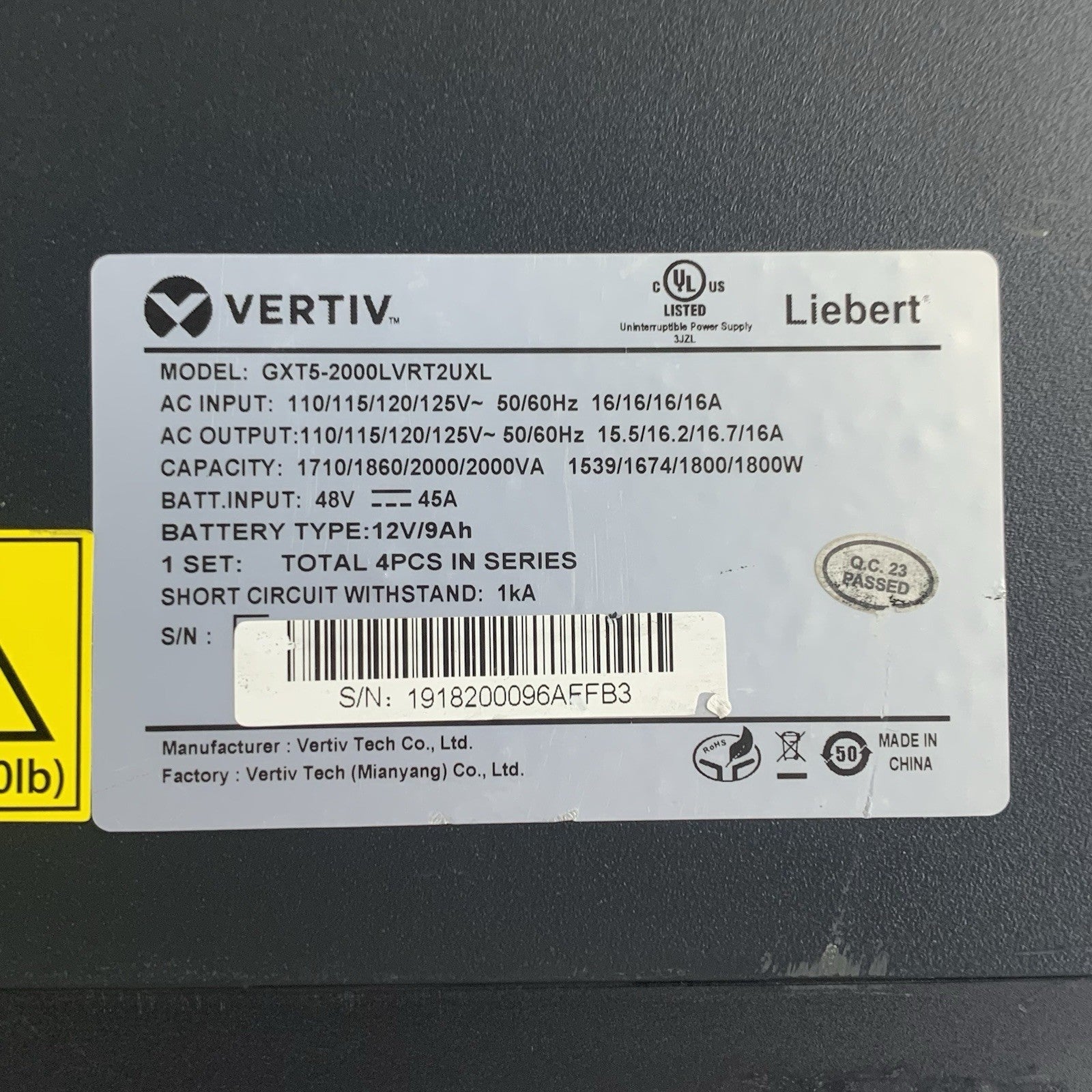 Liebert Vertiv GXT5-2000LVRT2UXL 2000VA 125V Rack UPS Tested Missing Door No Bat3