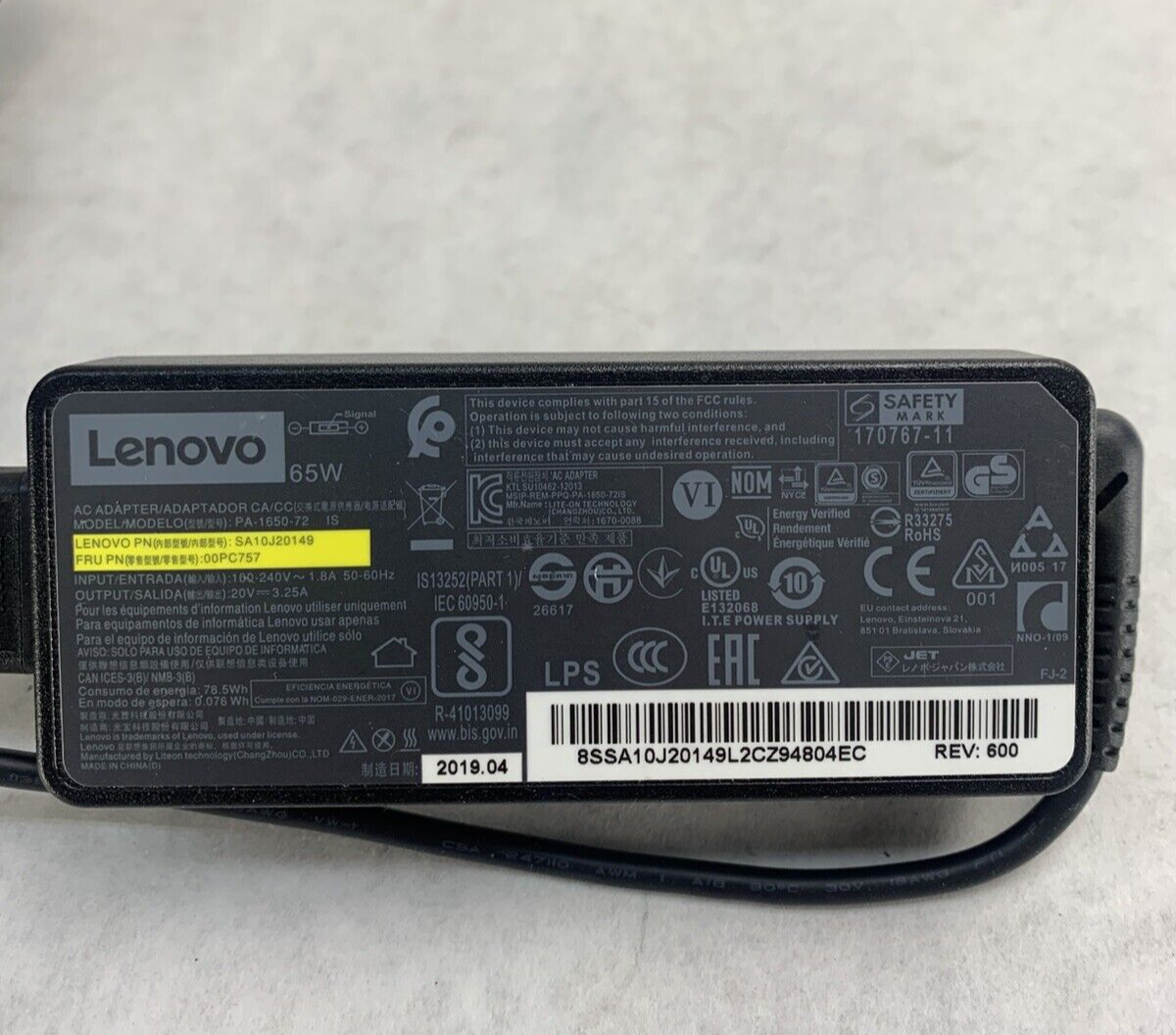 Mixed Lot of 3 Levovo A17-065N2A PA-1650-72 ADLX65NLC24 AC Adapter