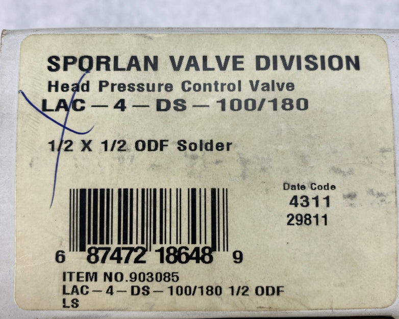 Sporlan LAC-4-DS-100/180 Head Pressure Control Valve 1/2 x 1/2 ODF Solder 903085