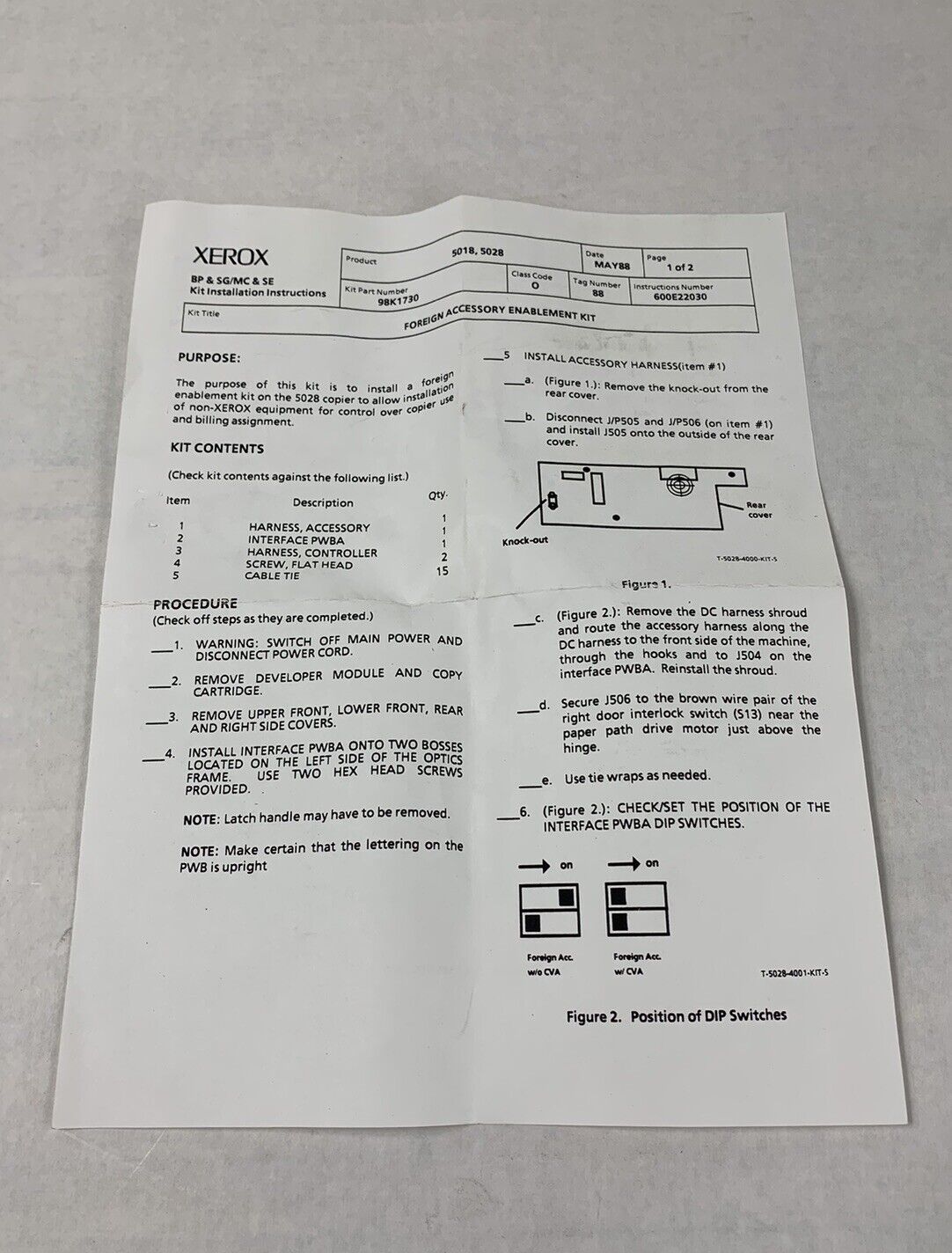 Xerox Vintage Foreign Accessory Enablement Kit 98K1730