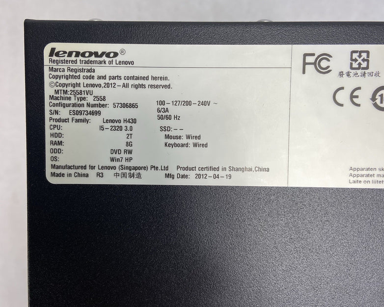 Lenovo H430 MT Intel Core i5-2320 3GHz 8GB RAM No HDD No OS
