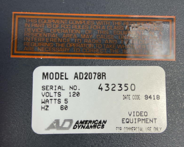 American Dynamics Sensormatic Video Controller AD2078R with Joystick - NO KEY