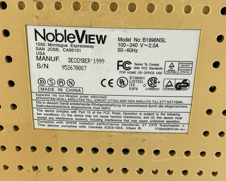 NobleView B1996NSL VGA CRT Monitor 18' - Tested