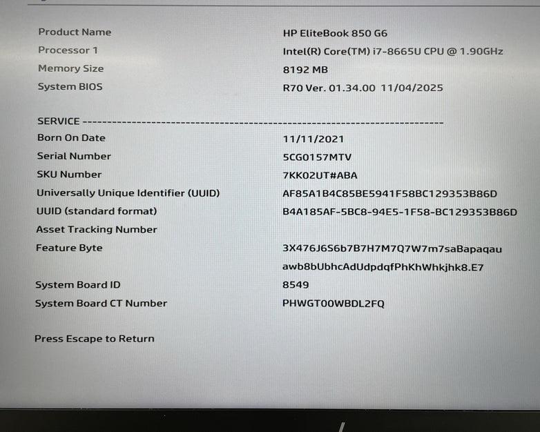 HP EliteBook 850 G6 15.6" i7-8665U 1.90 GHz 8GB RAM No SSD/OS/AC -  Corner