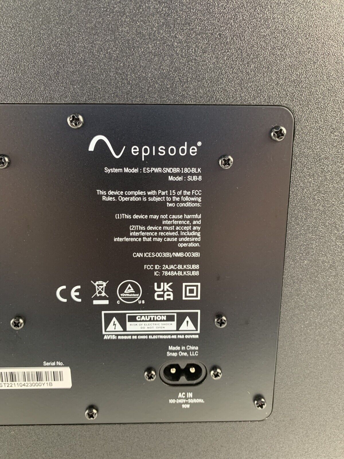 Episode ES-PWR-SNDBR-180-BLK SUB-8 Wireless Subwoofer For Soundbar 2.1 Powers On