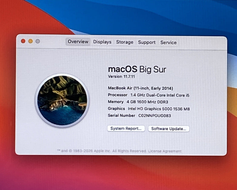 Apple MacBook Air A1465 2014 11" 1.4GHz i5 4GB RAM 120GB SSD os11.7.11 14 Cycles