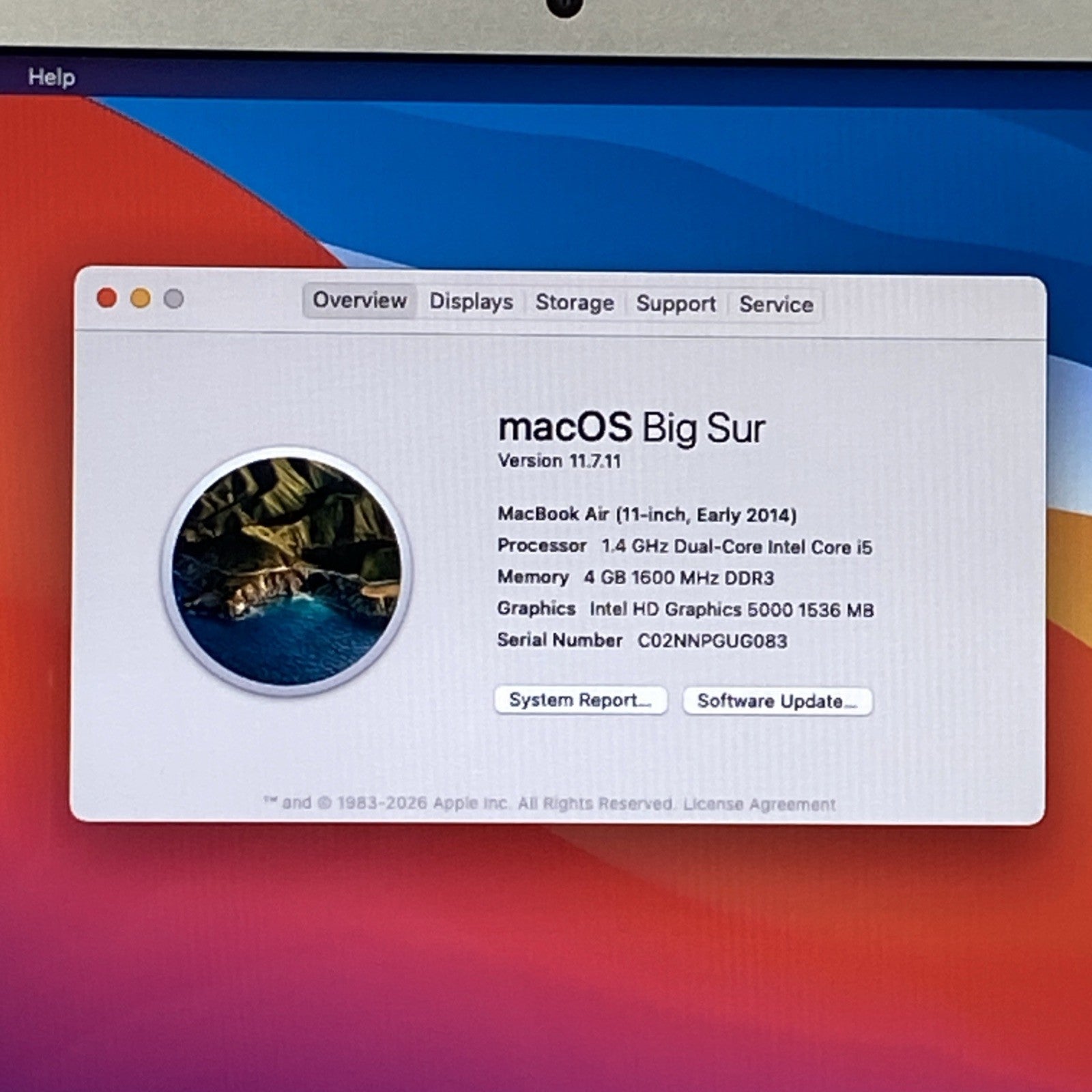 Apple MacBook Air A1465 2014 11" 1.4GHz i5 4GB RAM 120GB SSD os11.7.11 14 Cycles1