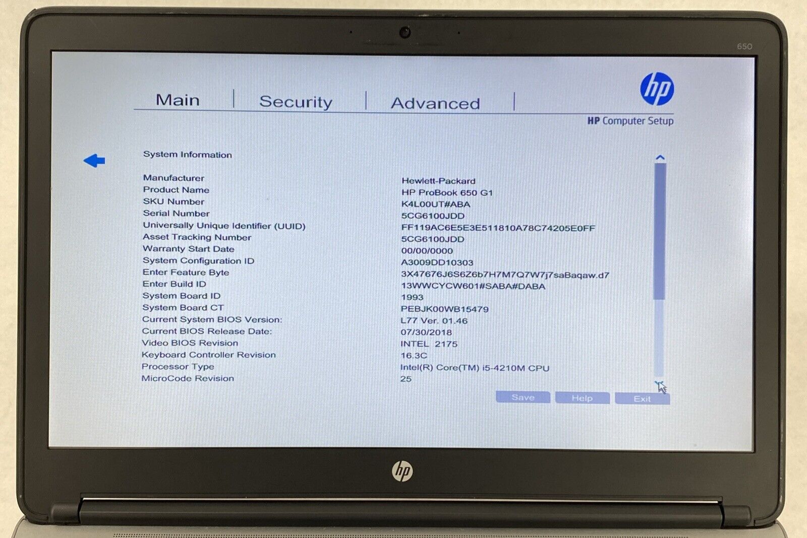 HP ProBook 650 G1 Core i5-4210M 2.60GHz 4GB RAM 15.6" No Battery No HDD No OS