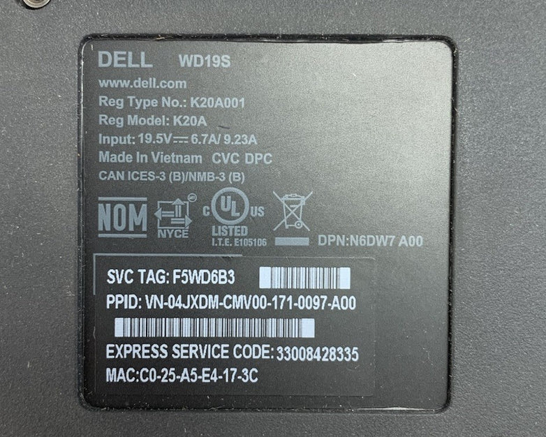 Dell WD19S Thunderbolt USB-C Docking Station - No AC Adapter