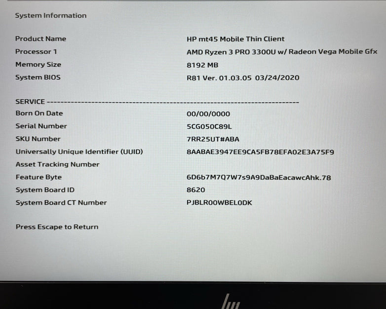 HP MT45 Thin Client 14" AMD Ryzen 3 Pro 3300U 2.10 GHz 8 GB RAM No SSD/OS/AC