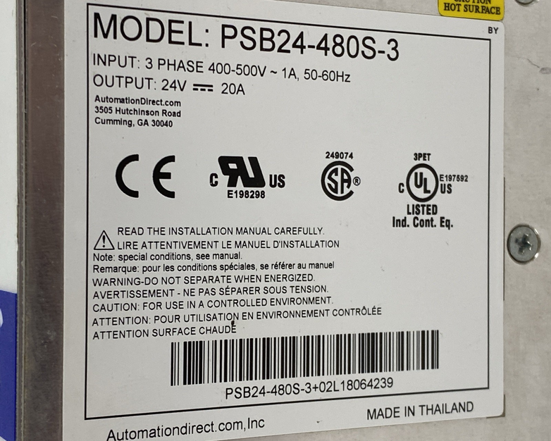 Rhino PSB24-480S-3 Input 3PH 400-500V 1A Output 24V 20A Industrial Power Supply