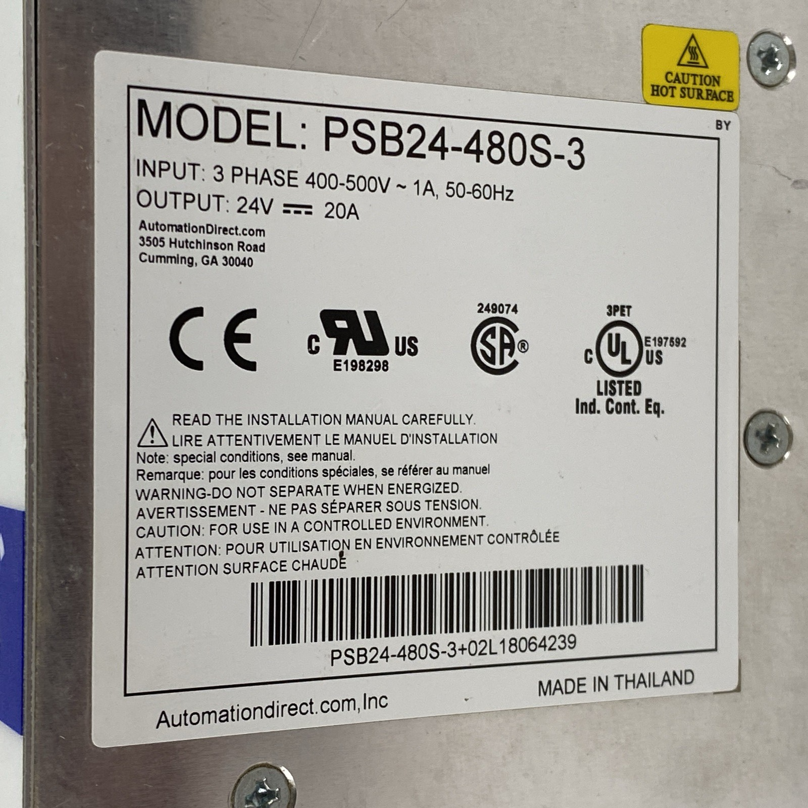 Rhino PSB24-480S-3 Input 3PH 400-500V 1A Output 24V 20A Industrial Power Supply